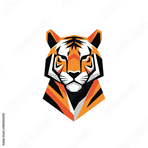 Geometric tiger head illustration with orange and black colors, front view, isolated on white background.