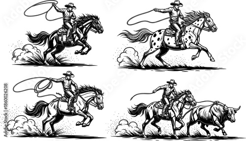 Cowboy roping action scenes, horse and bull illustration set, black and white Western vector for rodeo, ranch, and livestock design