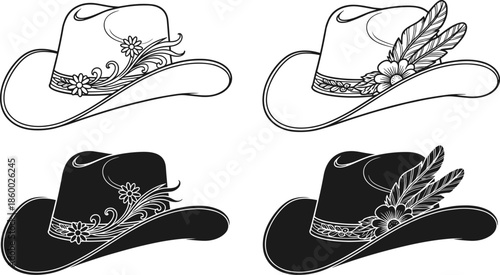 Decorative cowboy hat illustration set, floral and feather designs, black and white Western vector for fashion branding and vintage style