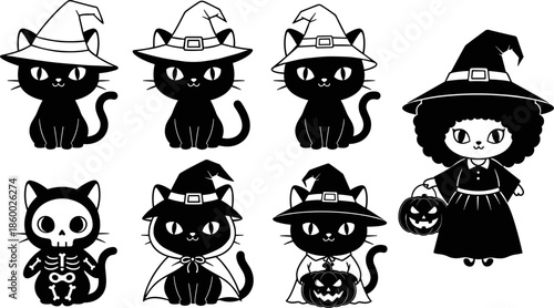 Halloween black cat costume set, spooky cartoon illustration, witch hat and pumpkin bucket, cute vector design for seasonal decoration and stickers