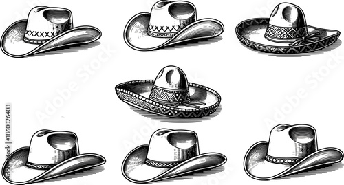 Cowboy and sombrero hat illustration set, Western and Mexican headwear icons, black and white vintage vector design for cultural fashion themes