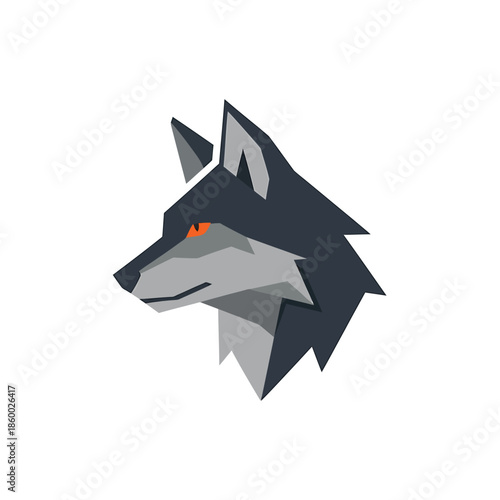 Geometric wolf head illustration with sharp angles and intense orange eyes, looking leftward.
