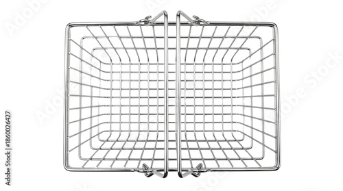 Minimalist polished chrome wire mesh shopping basket with dual carrying handles on transparent background
