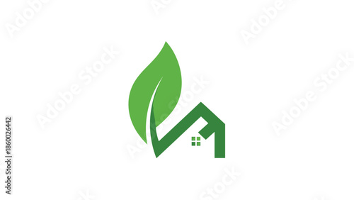 Green leaf and house logo representing eco-friendly real estate.