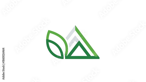 Green leaf and mountain logo design representing nature and environment.