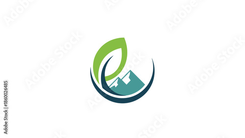Eco-friendly logo featuring a leaf, mountains, and a crescent shape, representing nature.