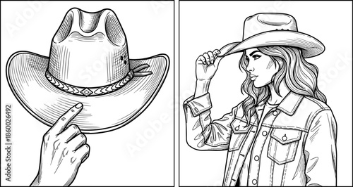 Cowboy hat fashion illustration, Western style accessories, black and white vector panels with hand gesture and denim jacket detail