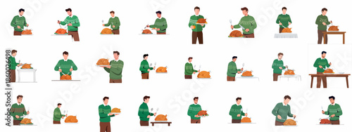 Collection of flat vector illustrations depicting a man in a festive sweater carving, serving, and presenting a roasted turkey or chicken for holiday dinners.