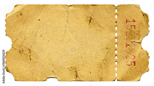 Aged, torn vintage paper ticket stub with red serial numbers on transparent background