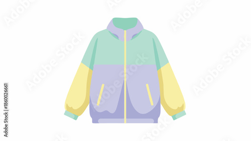 Colorful illustration of a zip-up hoodie with purple, green and yellow sections on a white background.