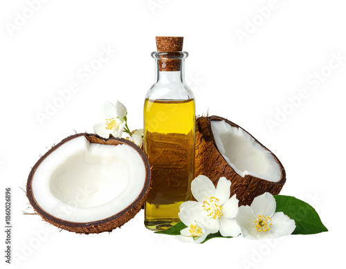 Coconut oil in a glass bottle with halved coconuts and delicate white flowers against black background
