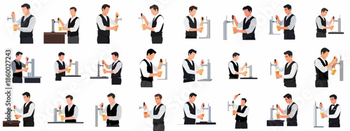 Collection of professional bartenders pouring beer from a tap dispenser, illustrating service and hospitality roles in bars and pubs.