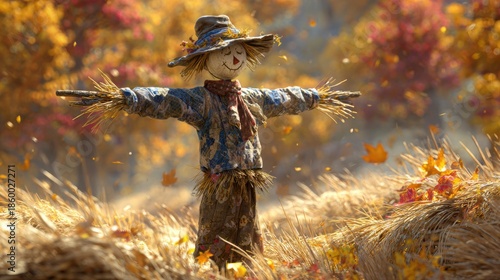 Scarecrow stands in a field surrounded by autumn leaves and golden grasses.