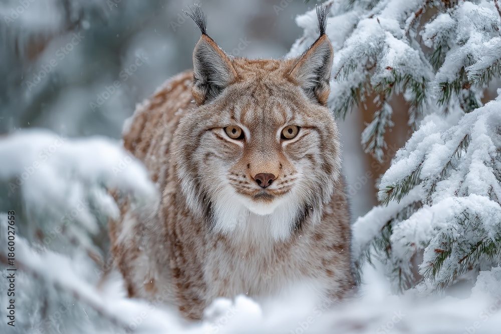 Obraz premium Wild lynx walking through snowy forest in winter, showcasing its striking features and natural beauty amid tranquil nature