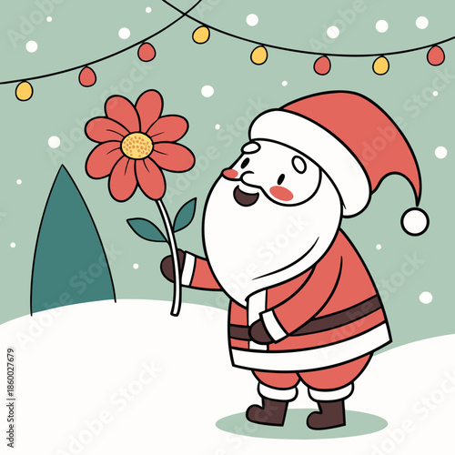 a charming illustration depicts santa claus gently smelling a vibrant red flower under a string of festive holiday lights