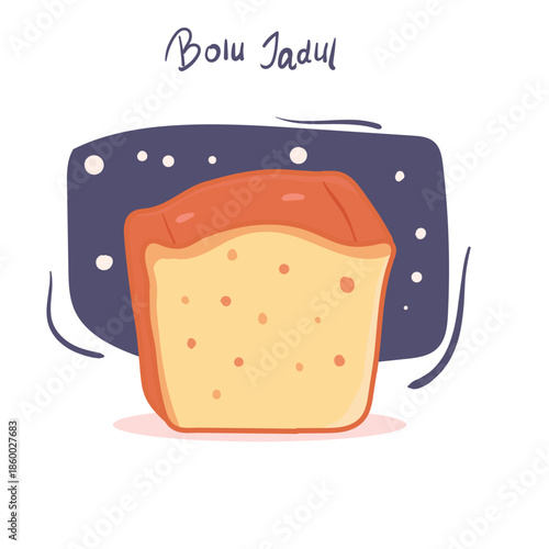 An illustration of a classic sponge cake with a simple shape and warm tones, showing a soft texture. The minimalist style evokes nostalgia and memories of traditional homemade snacks