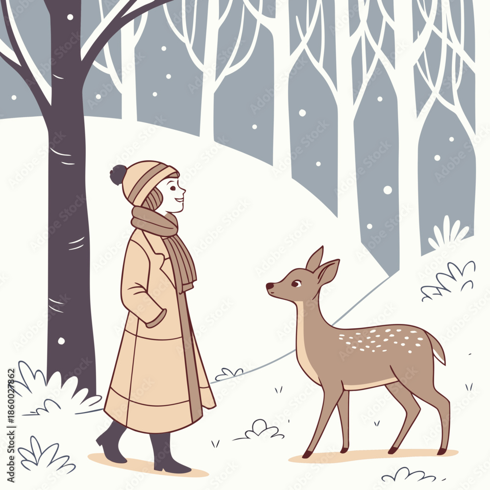 Naklejka premium a serene winter scene depicts a young woman encountering a curious deer in a snowy forest landscape softly illustrated
