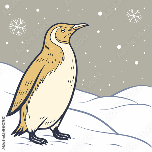 A charming illustration depicts a king penguin standing amidst a snowy landscape with delicate snowflakes gently falling from the sky