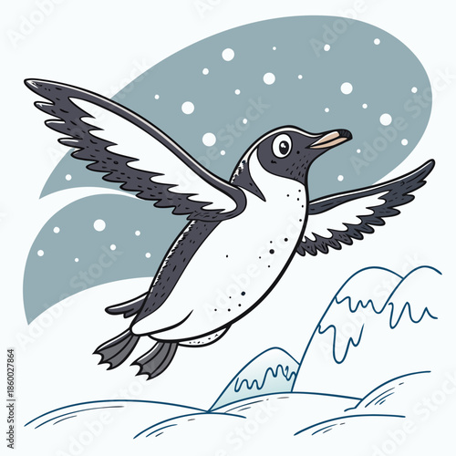 A charming illustration depicts a penguin in flight soaring above an arctic landscape with waves and falling snow
