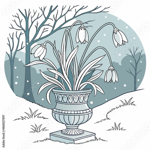 A delicate illustration depicts snowdrops blooming in a classical urn set against a backdrop of winter trees and a serene