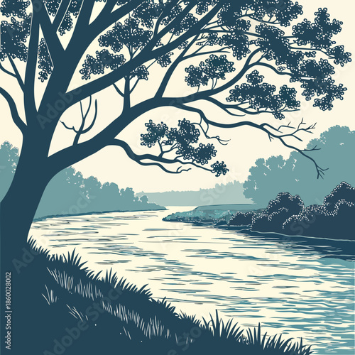 A serene landscape illustration depicting a lush tree overlooking a calm river with distant hills in a tranquil blue hue