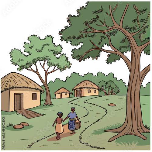 a serene african landscape depicts two figures walking a path towards thatched roof homes amidst lush greenery and trees