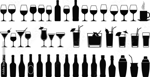 Black Silhouette Drinkware Icon Set Featuring Wine Glasses, Bottles, Coffee Cups, Cocktails, Beer, and Barware Elements