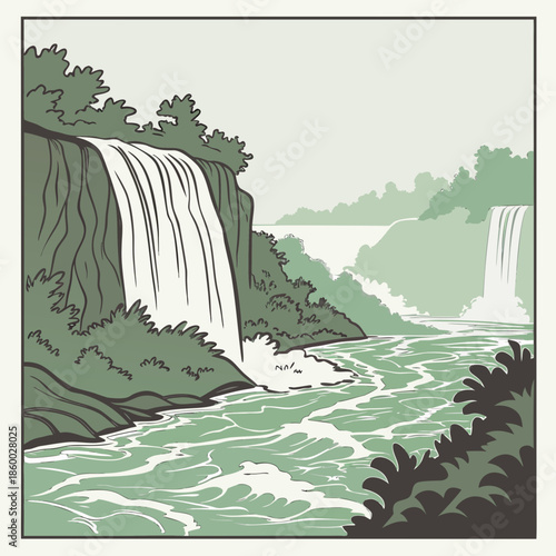 A picturesque illustration depicts a majestic waterfall cascading into a flowing river surrounded by lush greenery and a serene landscape