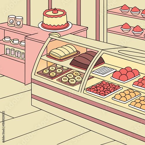 a colorful illustration depicts a bakery display case filled with various pastries cakes and sweet treats presented beautifully
