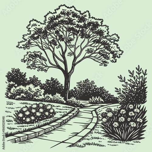 a detailed black and white illustration showcases a winding garden path under a lush sprawling tree with floral borders