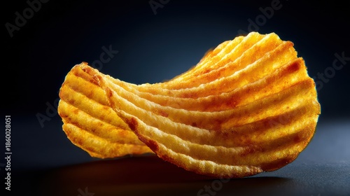 A ridged potato chip captured in dramatic side light against a dark gradient background. Shadows stretch naturally across surface,