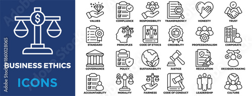 Business Ethics icon collection set. Containing values,compliance,responsibility,transparency,honesty,trust,accountability,conduct,standards,principles icon