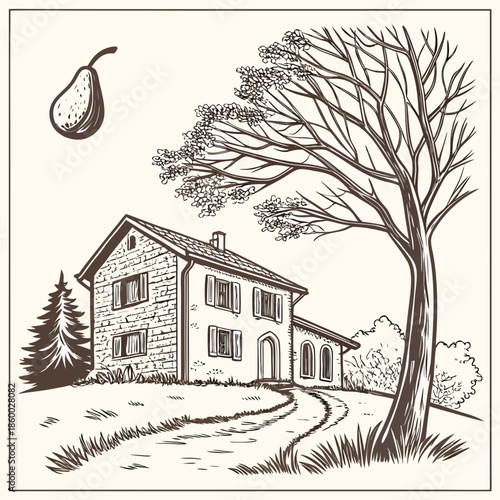 A vintage style sketch depicts a charming countryside house with a pear tree and winding pathway leading to the entrance