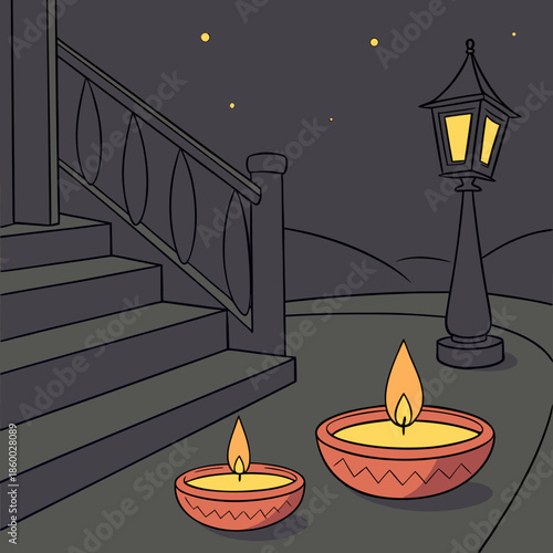 a warmly lit illustration depicts outdoor steps a glowing lantern and two flickering candles at night creating a peaceful atmosphere