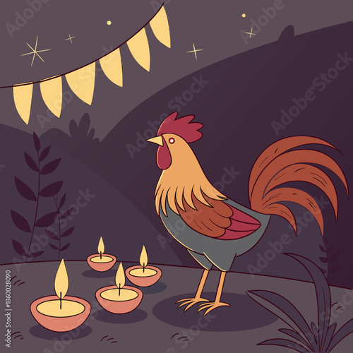 A charming illustration depicts a proud rooster amidst glowing candles and festive bunting under a starry night sky
