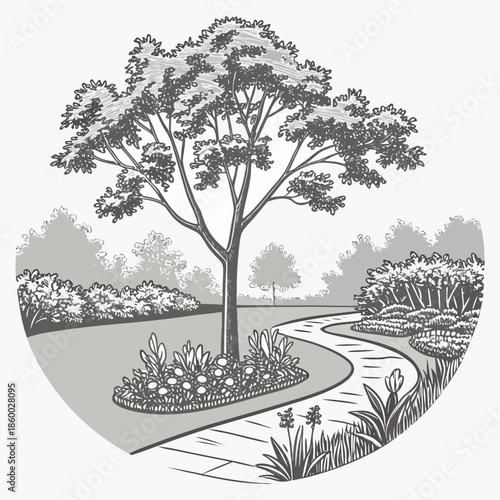 A serene grayscale illustration depicts a winding path leading through a lush garden with a prominent mature tree as a
