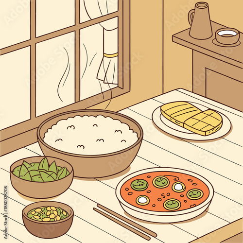 A serene still life depicting a traditional korean breakfast spread set on a wooden table by a window
