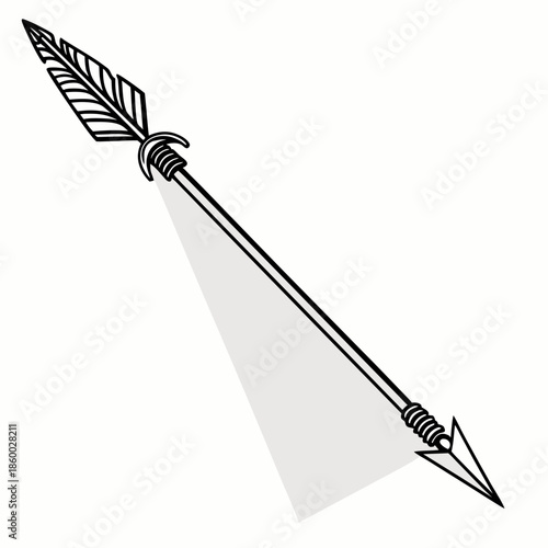 A detailed illustration showcases a black arrow complete with fletching shaft and pointed tip casting a soft shadow below it