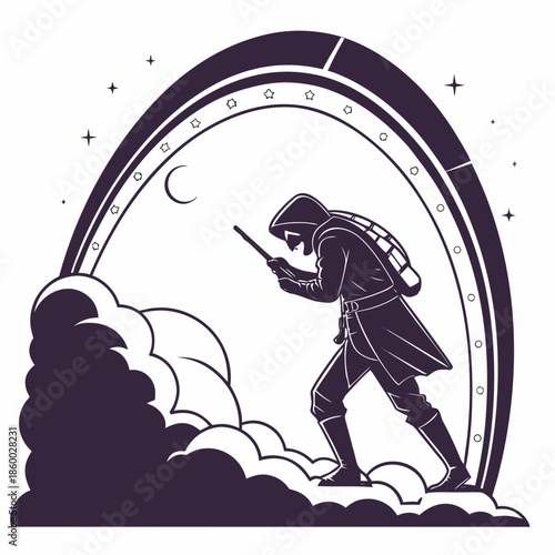 a lone figure with a rifle stands atop billowing clouds within a circular portal under a crescent moon