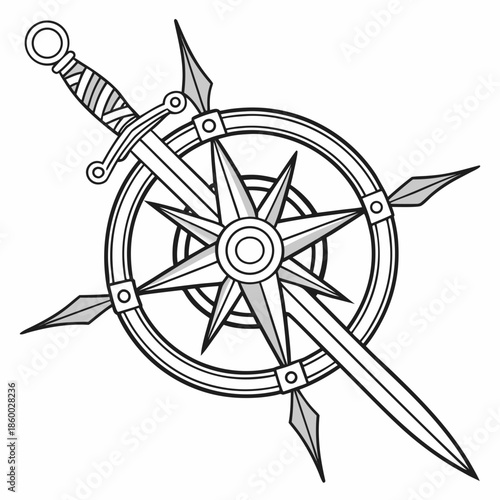 a detailed black and white illustration displaying a sword piercing through a nautical compass rose symbolizing guidance and direction