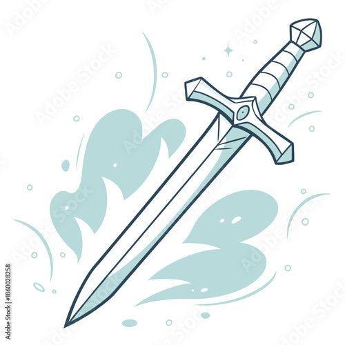 A beautifully illustrated silver sword with a gleaming blade emerges from swirling smoke highlighted by sparkling star like effects