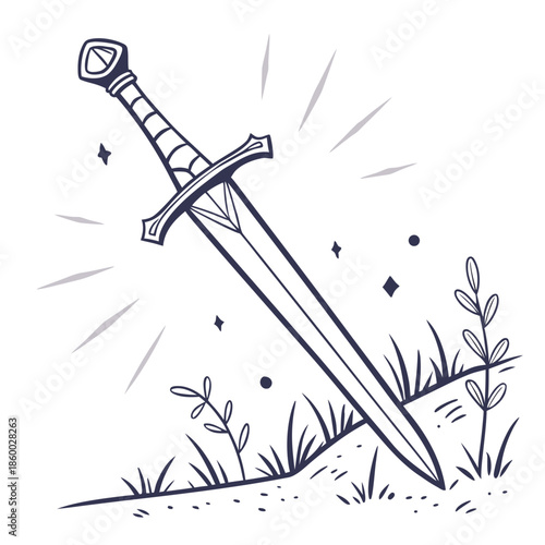 A beautifully illustrated drawing depicts a gleaming sword plunged into the earth amidst lush foliage and sparkling energy lines
