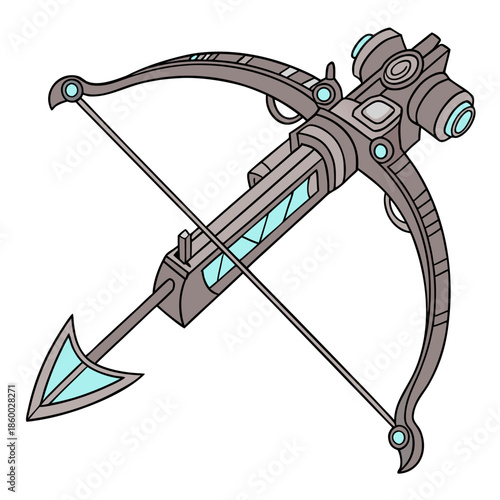 a detailed illustration of a futuristic crossbow showcasing a sleek design with glowing blue accents and metallic textures
