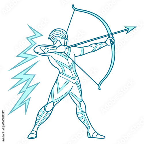 A detailed line art illustration depicts a heroic archer poised to release an arrow demonstrating strength and focus in a