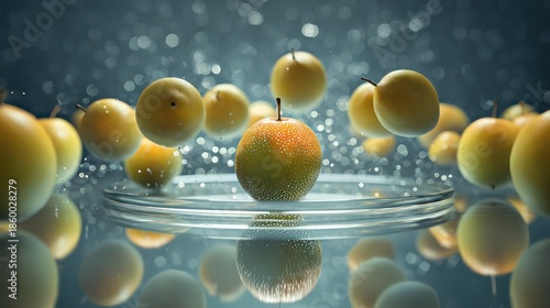 A ring of levitating pears encircles a glowing central fruit, all suspended above a mirrored ground. Shadows are sharp