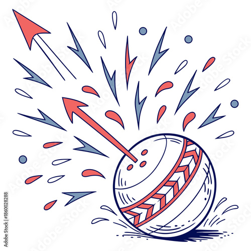 An illustration depicts a struck cricket ball with radiating lines and scattered elements signifying impact and energetic motion