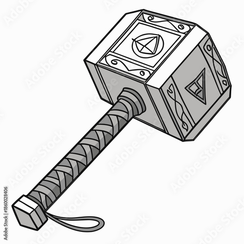 a detailed illustration of a stylized hammer with a braided handle and geometric designs presented in a monochrome sketch style