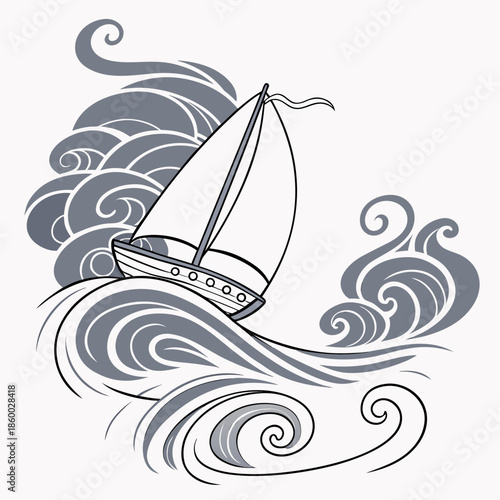 a detailed sketch depicts a sailing boat navigating through stylized waves presenting a nautical scene with artistic flair