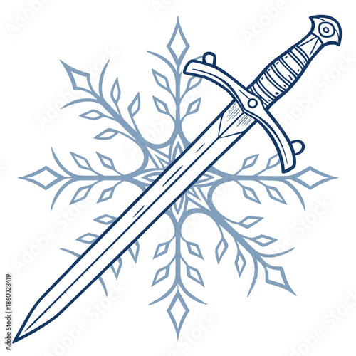 A striking illustration features a detailed sword crossed over a large ornate snowflake design in shades of blue and white