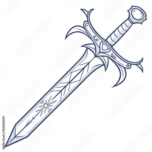 an intricately drawn illustration of a fantasy sword with an ornate hilt detailed blade and decorative elements is presented in